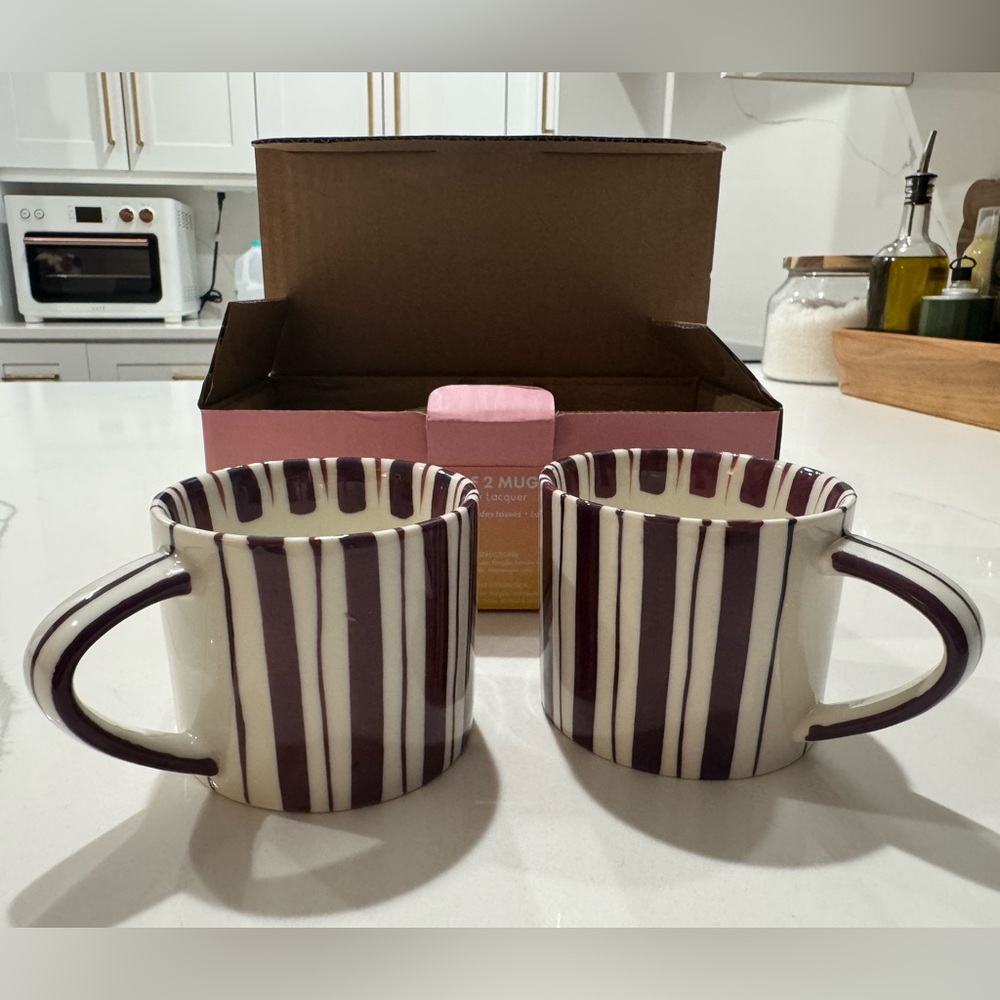 Cherry Lacquer Striped Mug Set – Set of 2 – Burgundy & Cream – Gift Box